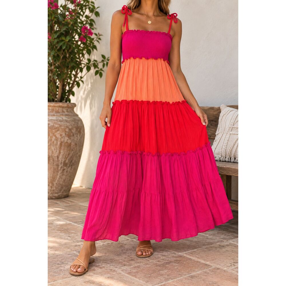 BeBop Colorblock Maxi Dress M Pink Orange Boho Dopamine Vacation Tiered
